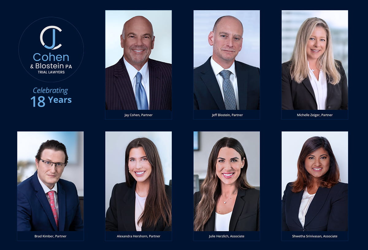 Collage del equipo legal de Cohen & Blostein, P.A., con las fotos de Jay Cohen, Jeff Blostein, Michelle Zeiger, Brad Kimber, Alexandra Hershorn, Julie Herzlich y Shwetha Srinivasan, junto al logotipo del bufete y el texto ‘Celebrando 18 Años’